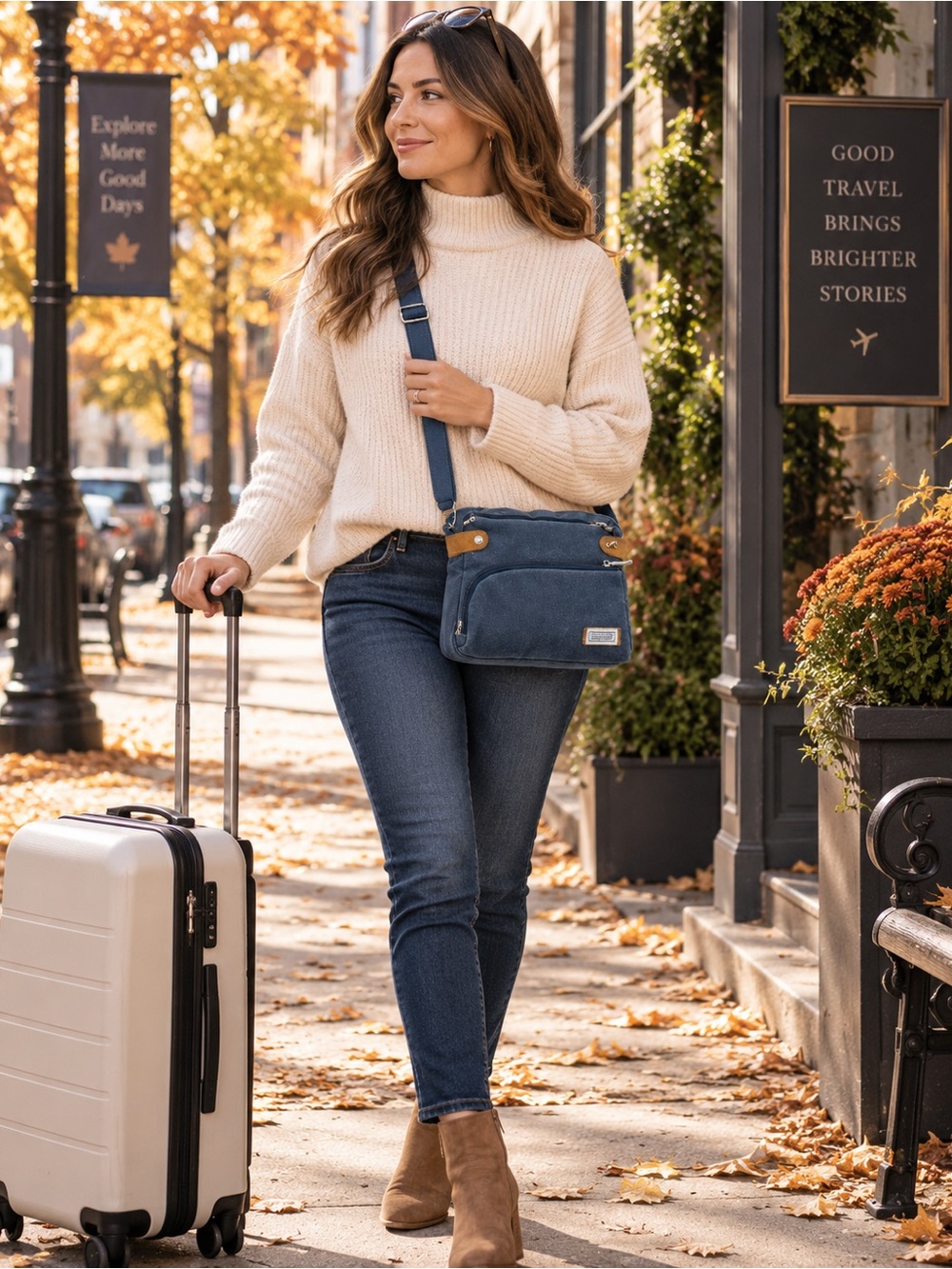 Travelon Blue Canvas RFID Crossbody Bag Multi-Pocket Travel Purse